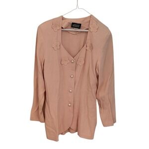 Vintage Wrapper USA Peach Floral Applique Pearl Button V-Neck Blouse or blazer L